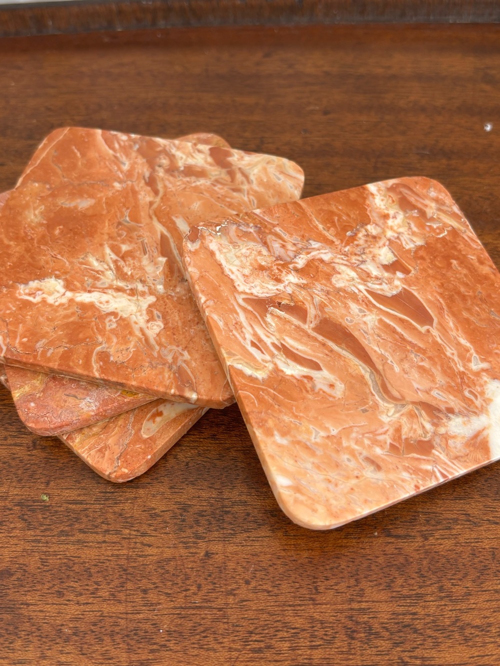 Vintage Studio Now Dusty Orange Marble Coater Set of Four w Cork Back 4”